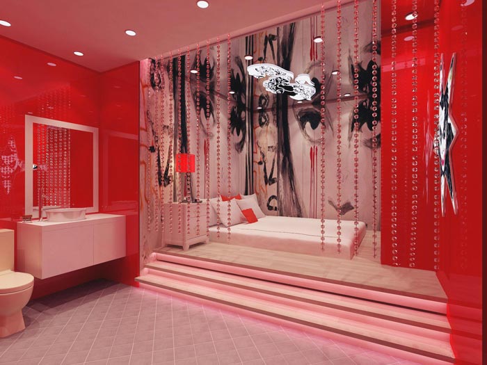 主題情侶酒店紅色誘惑客房裝修設計案例效果圖