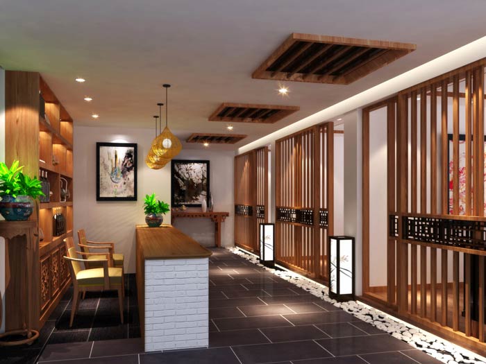 中式茶餐廳引導(dǎo)區(qū)裝修設(shè)計效果圖